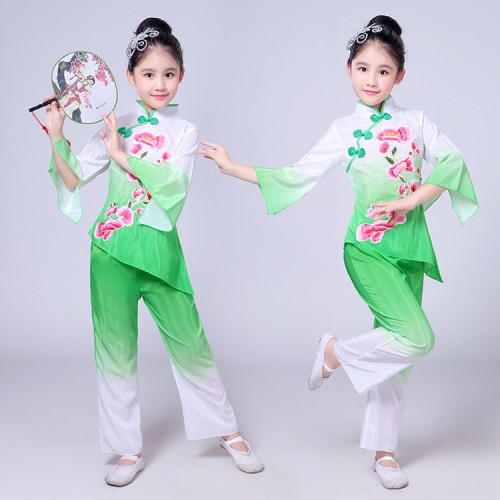 Girls Chinese folk dance costumes fairy dress pink green blue gradient colored ancient traditional yangko fan oriental umbrella stage performance dresses